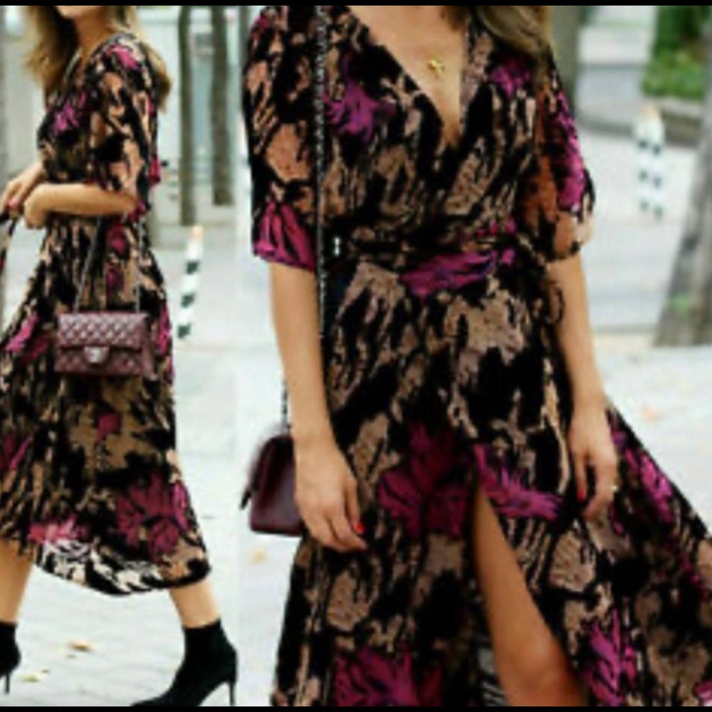 Zara Woman Textured Velvet Floral High Low Belted Wrap Dress